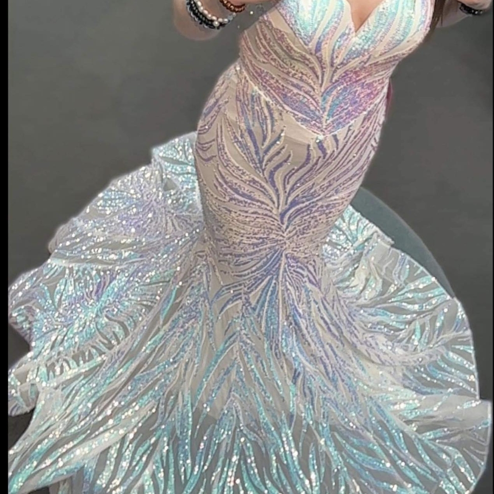 White and Silver Sleeveless Plunge Gown for Prom